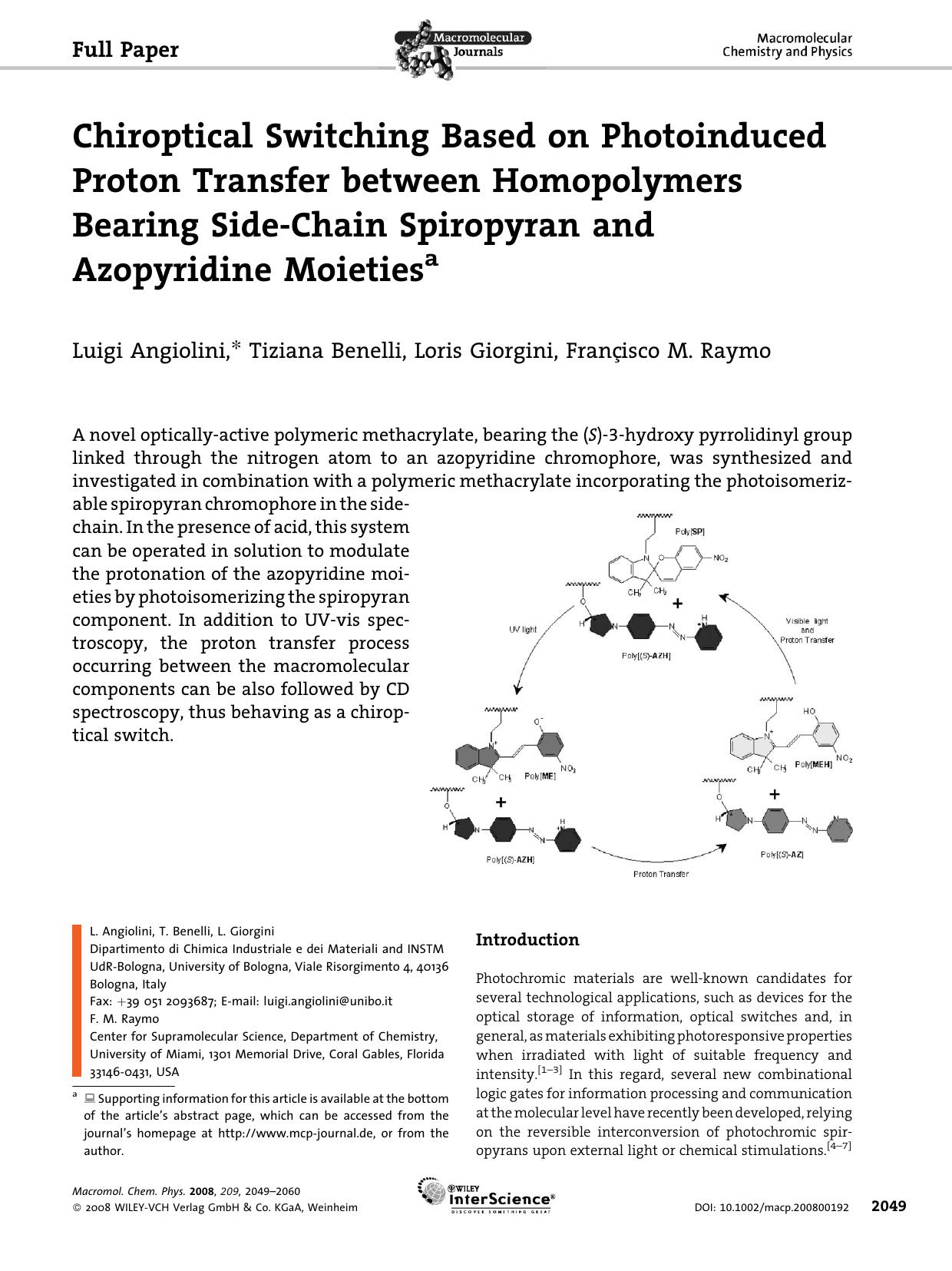 Chiroptical Switching Based on Photoinduced Proton Transfer between Homopolymers Bearing Side-Chain Spiropyran and Azopyridine Moieties by Unknown