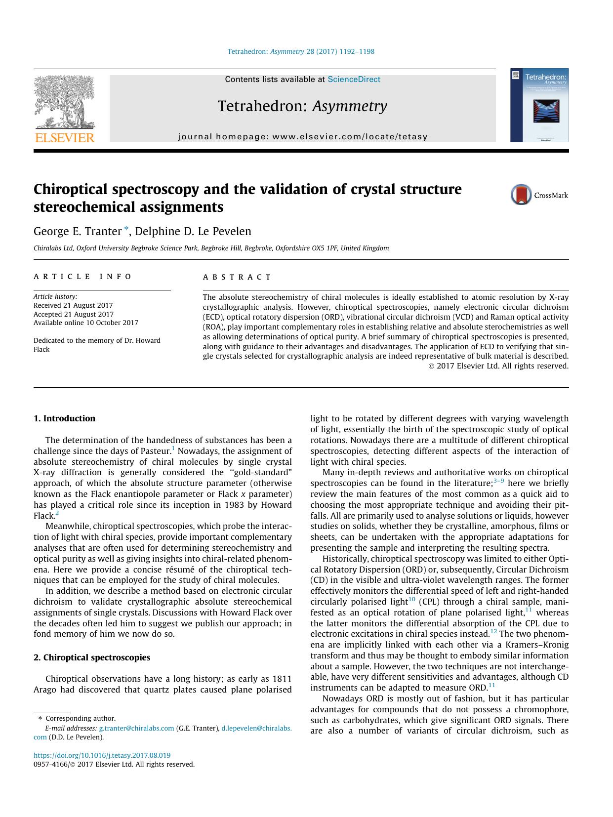 Chiroptical spectroscopy and the validation of crystal structure stereochemical assignments by George E. Tranter & Delphine D. Le Pevelen