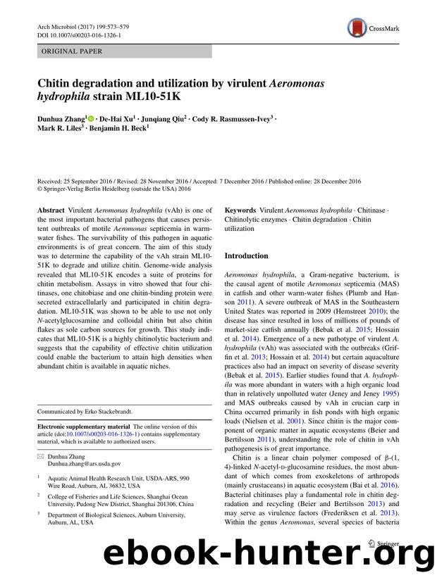 Chitin degradation and utilization by virulent Aeromonas hydrophila strain ML10-51K by Dunhua Zhang & De-Hai Xu & Junqiang Qiu & Cody R. Rasmussen-Ivey & Mark R. Liles & Benjamin H. Beck