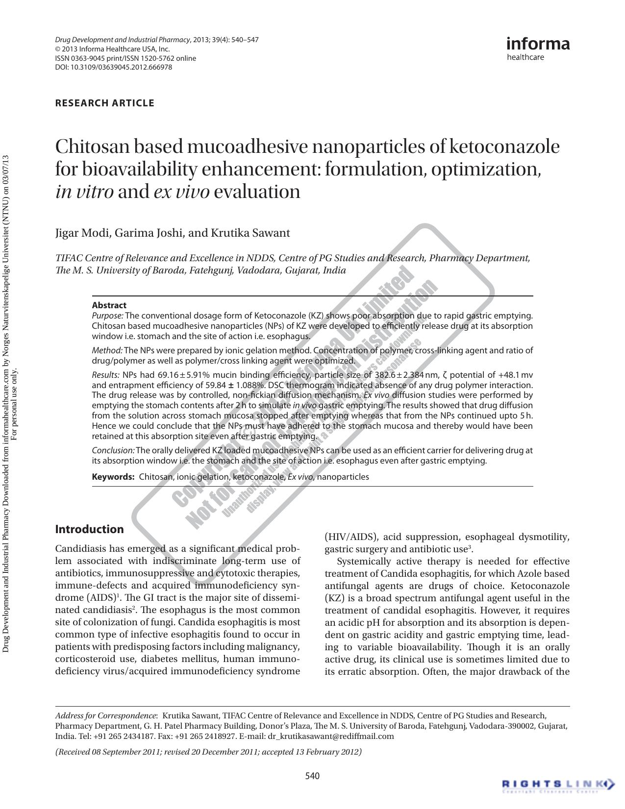 Chitosan based mucoadhesive nanoparticles of ketoconazole for bioavailability enhancement: formulation, optimization, in vitro and ex vivo evaluation by Jigar Modi Garima Joshi & Krutika Sawant