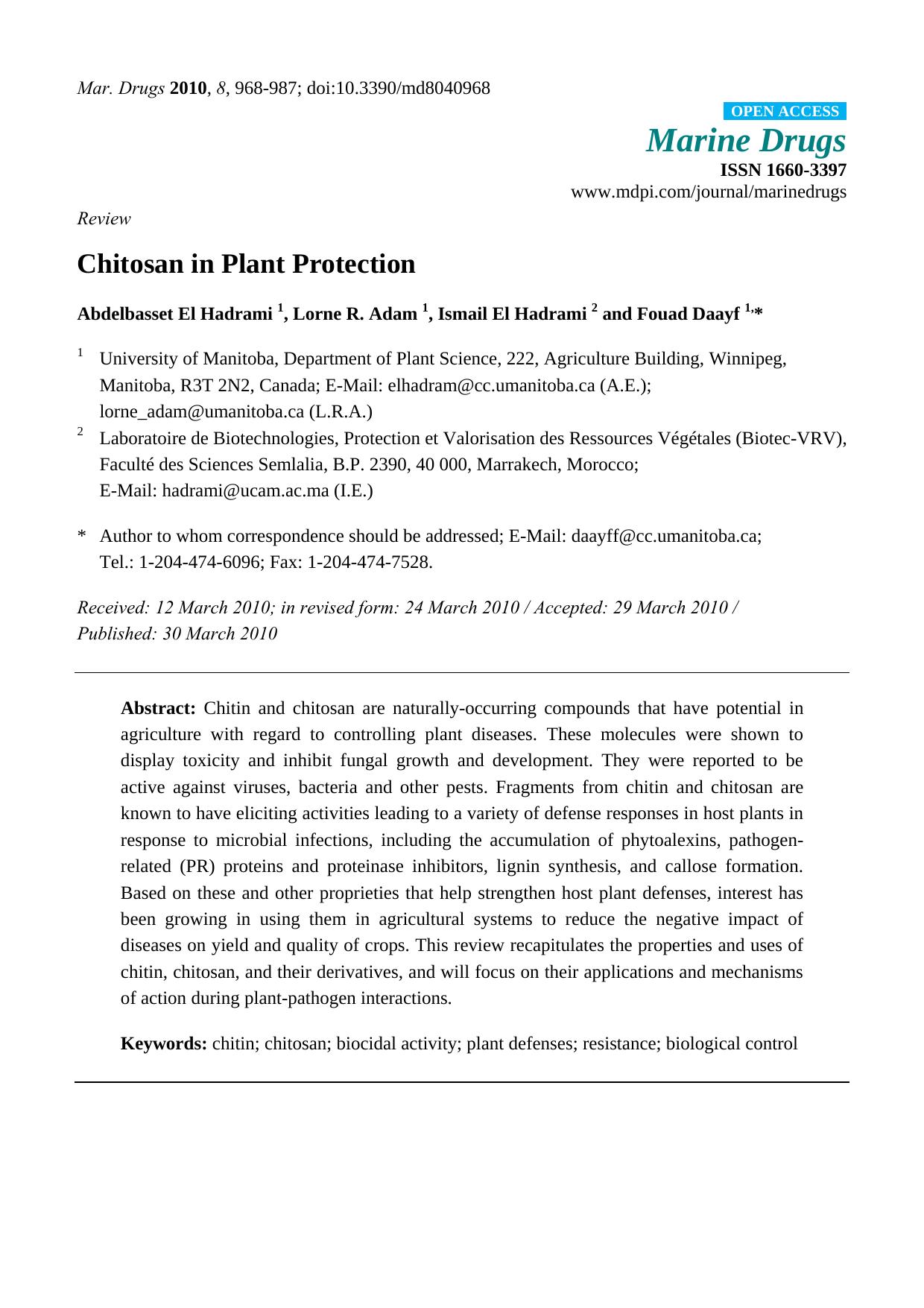 Chitosan in Plant Protection by Abdelbasset El Hadrami & Lorne R. Adam & Ismail El Hadrami & Fouad Daayf
