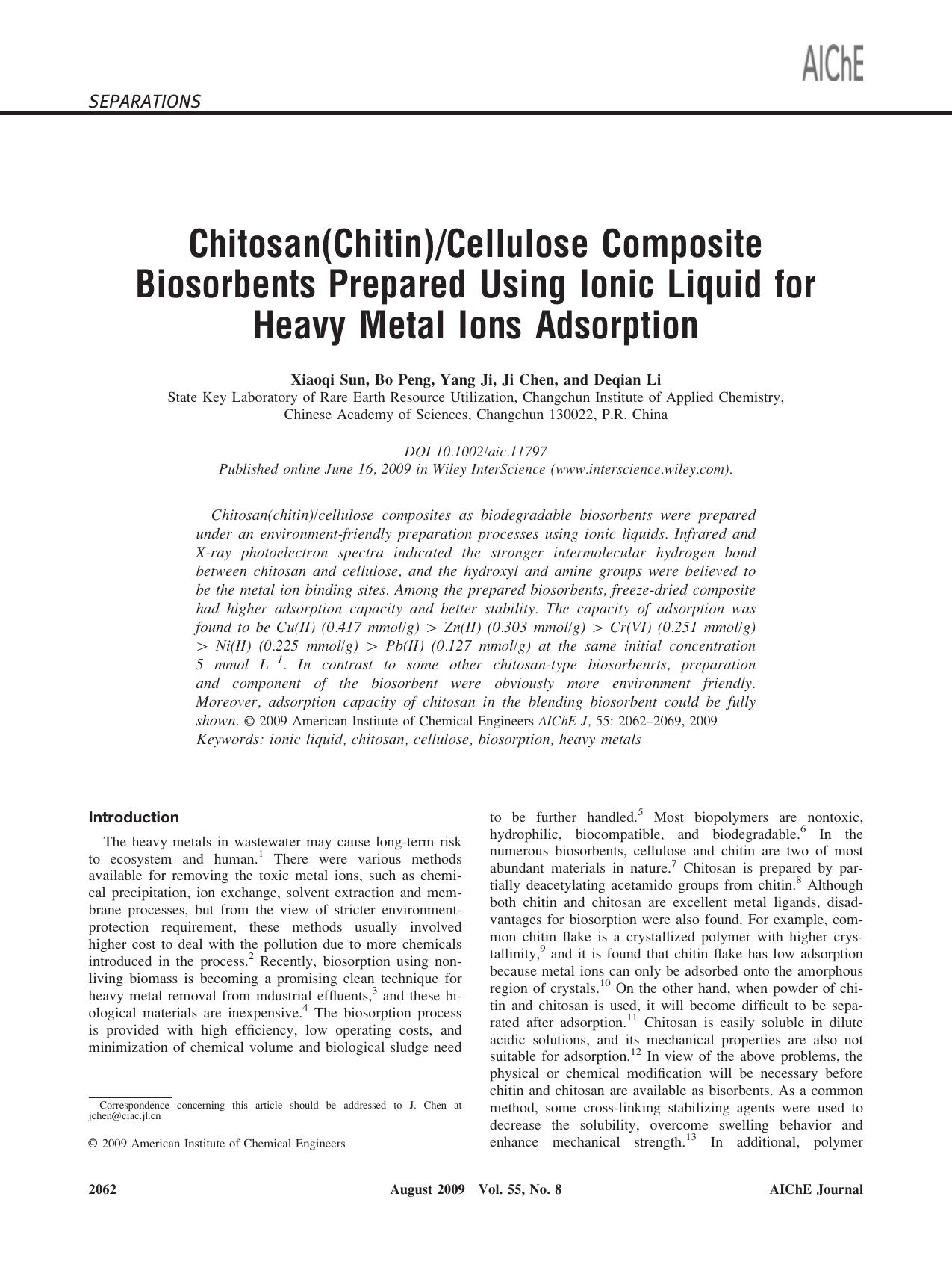 Chitosan(chitin)cellulose composite biosorbents prepared using ionic liquid for heavy metal ions adsorption by Unknown