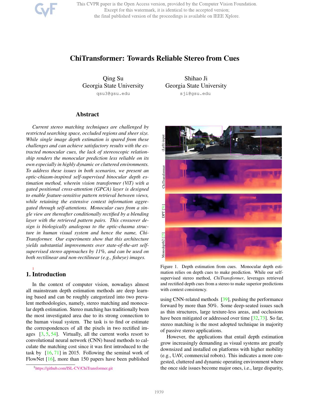 Chitransformer: Towards Reliable Stereo From Cues by Qing Su & Shihao Ji