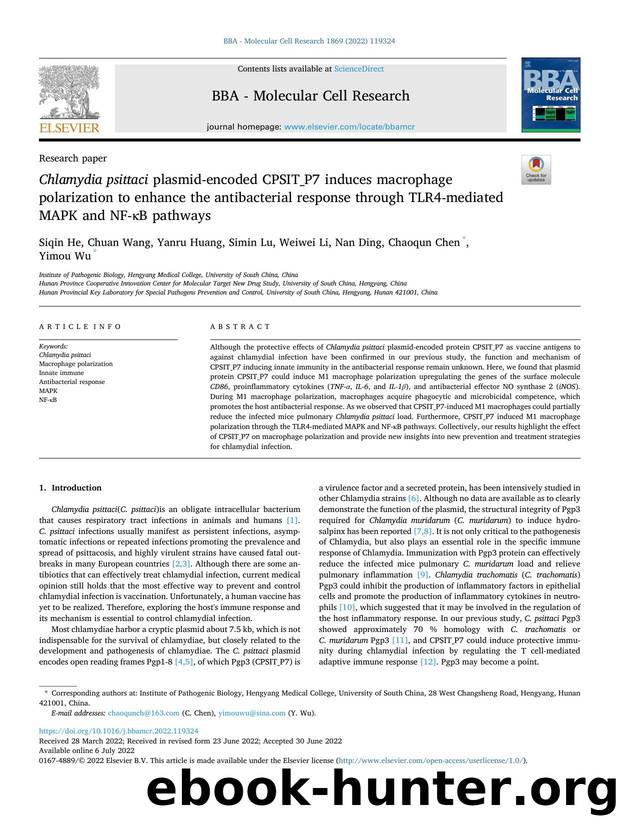 Chlamydia psittaci plasmid-encoded CPSIT_P7 induces macrophage polarization to enhance the antibacterial response through TLR4-mediated MAPK and NF-ÎºB pathways by Siqin He & Chuan Wang & Yanru Huang & Simin Lu & Weiwei Li & Nan Ding & Chaoqun Chen & Yimou Wu