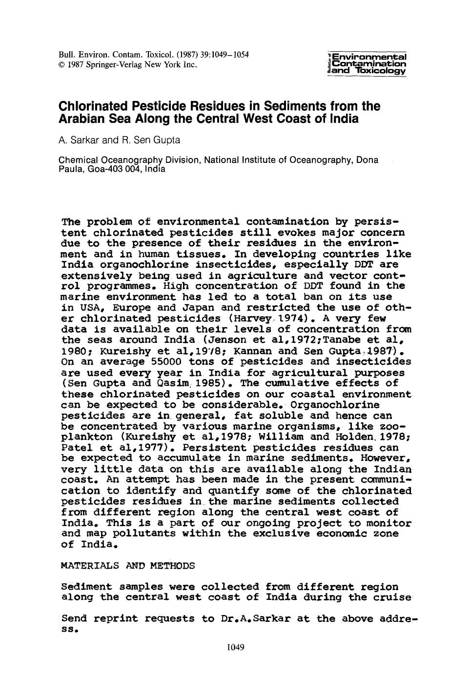 Chlorinated pesticide residues in sediments from the Arabian Sea along the Central West Coast of India by Unknown