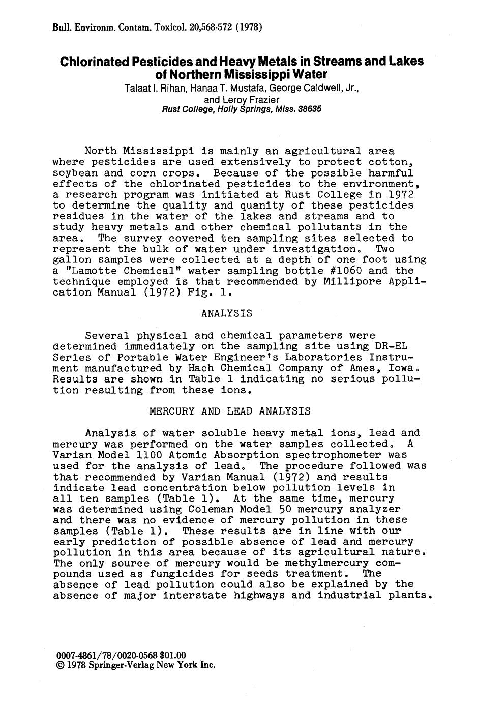 Chlorinated pesticides and heavy metals in streams and lakes of Northern Mississippi water by Unknown