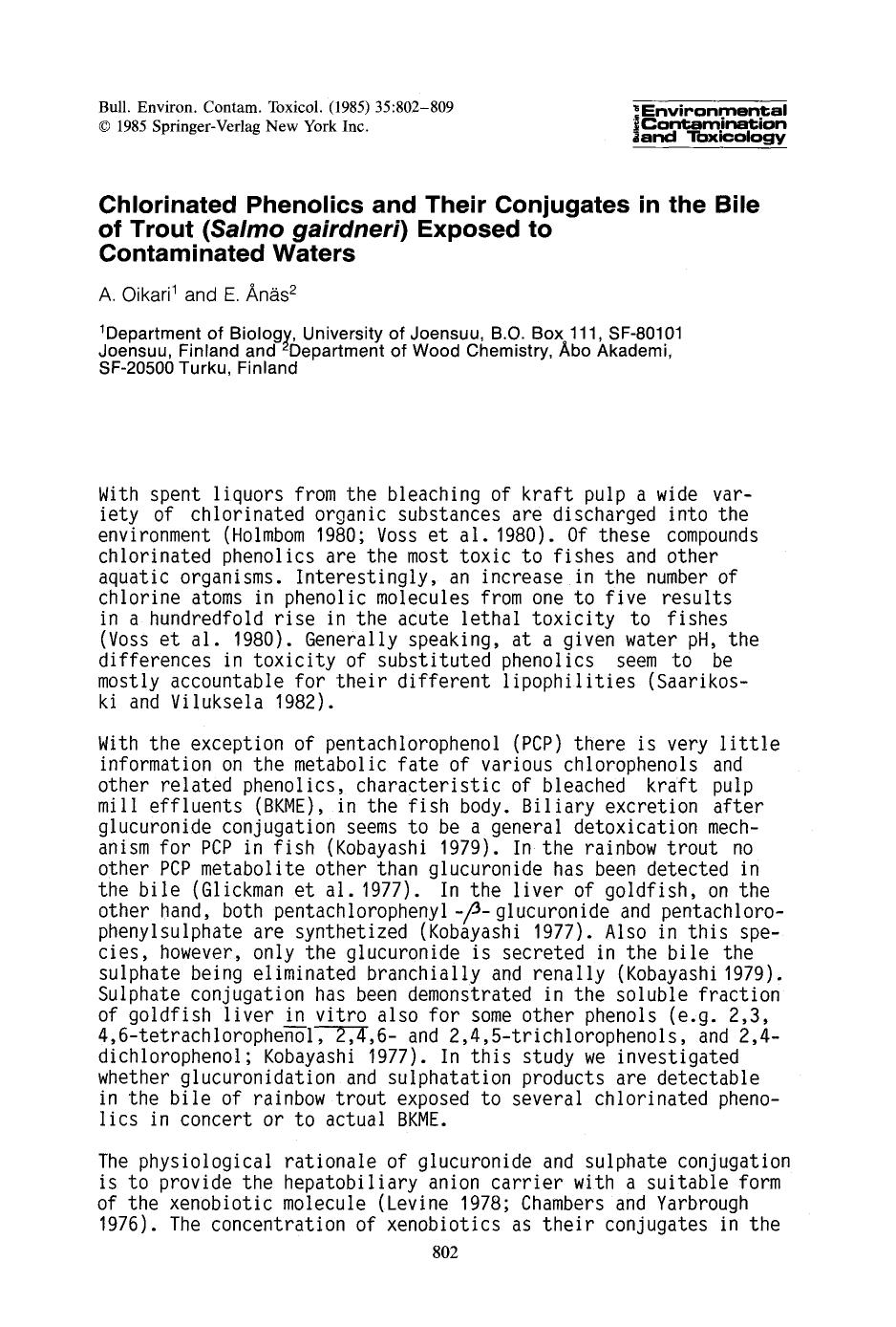 Chlorinated phenolics and their conjugates in the bile of trout ( <Emphasis Type="Italic">Salmo gairdneri <Emphasis>) exposed to contaminated waters by Unknown