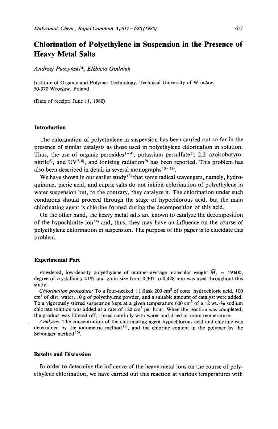 Chlorination of polyethylene in suspension in the presence of heavy metal salts by Unknown