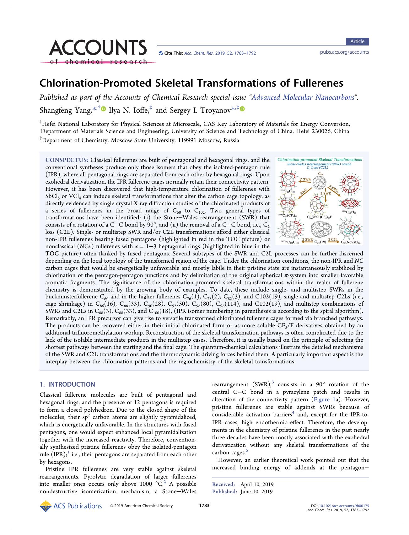 Chlorination-Promoted Skeletal Transformations of Fullerenes by Shangfeng Yang; Ilya N. Ioffe; Sergey I. Troyanov & Ilya N. Ioffe & Sergey I. Troyanov