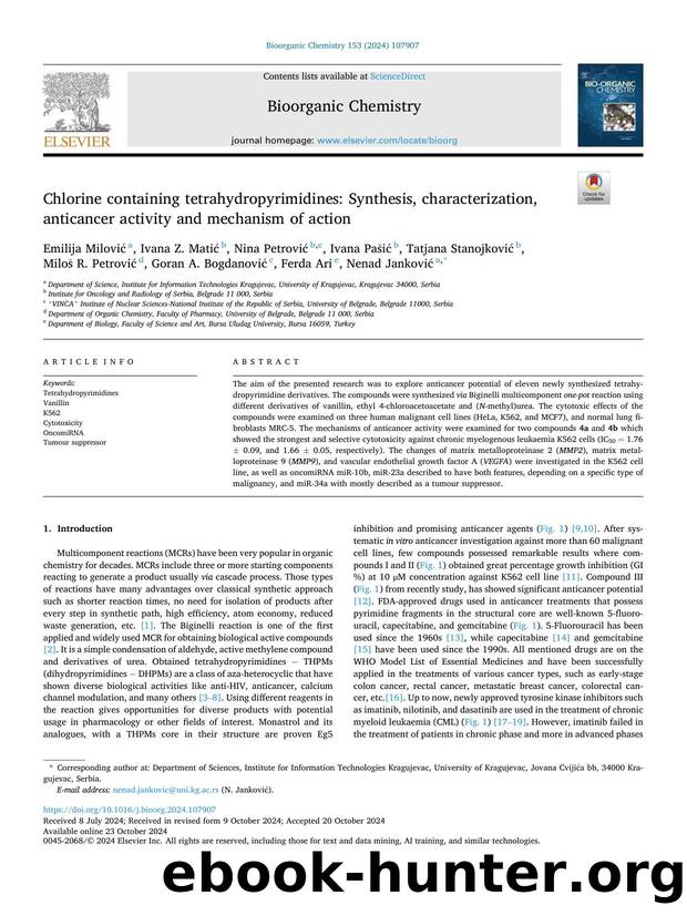 Chlorine containing tetrahydropyrimidines: Synthesis, characterization, anticancer activity and mechanism of action by unknow
