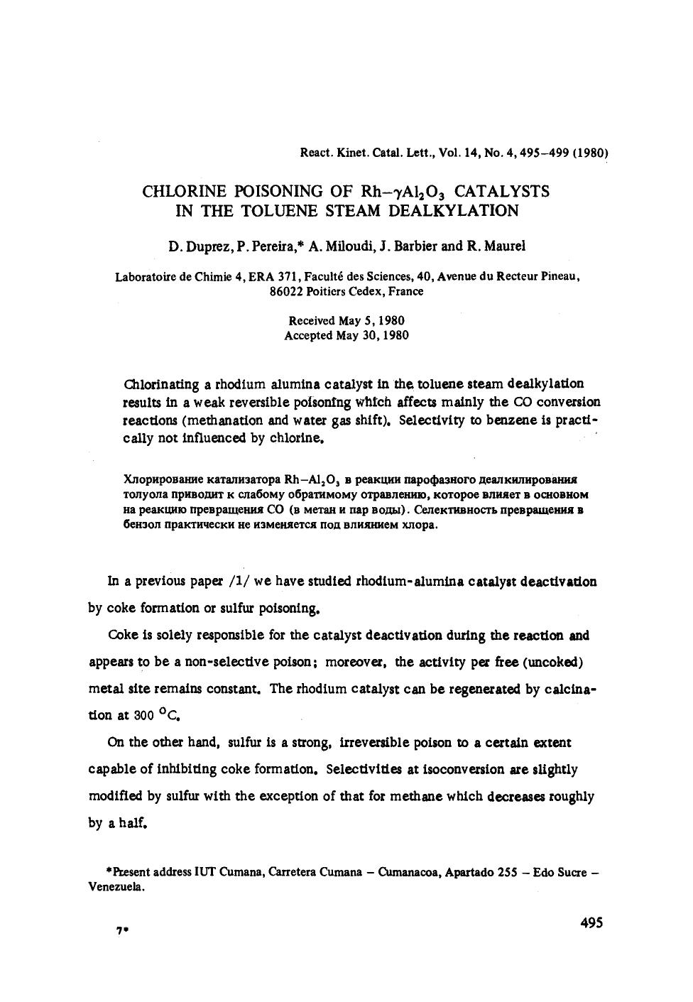 Chlorine poisoning of Rh−γAl <Subscript>2 <Subscript>O <Subscript>3 <Subscript> catalysts in the toluene steam dealkylation by Unknown