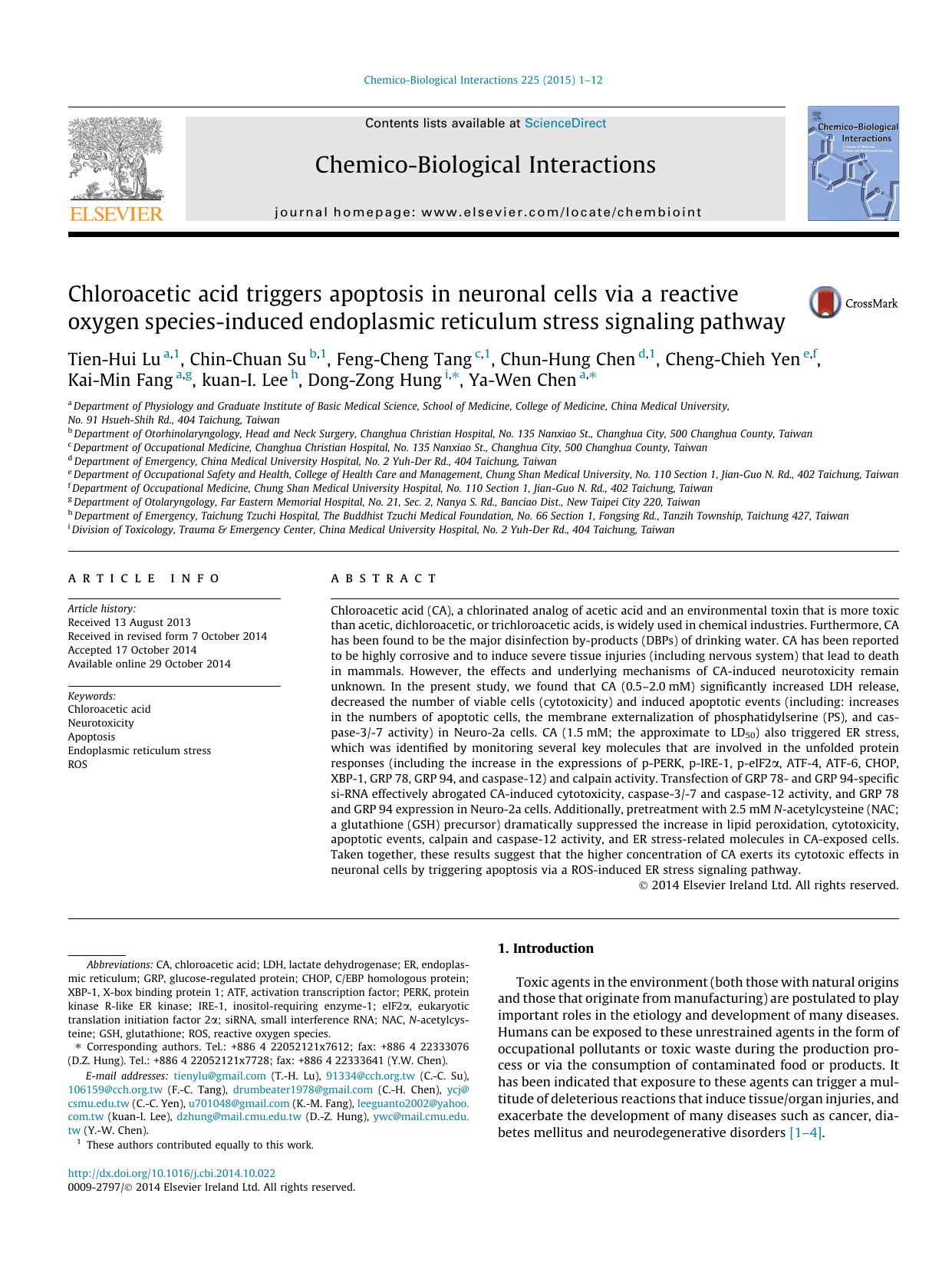 Chloroacetic acid triggers apoptosis in neuronal cells via a reactive oxygen species-induced endoplasmic reticulum stress signaling pathway by unknow