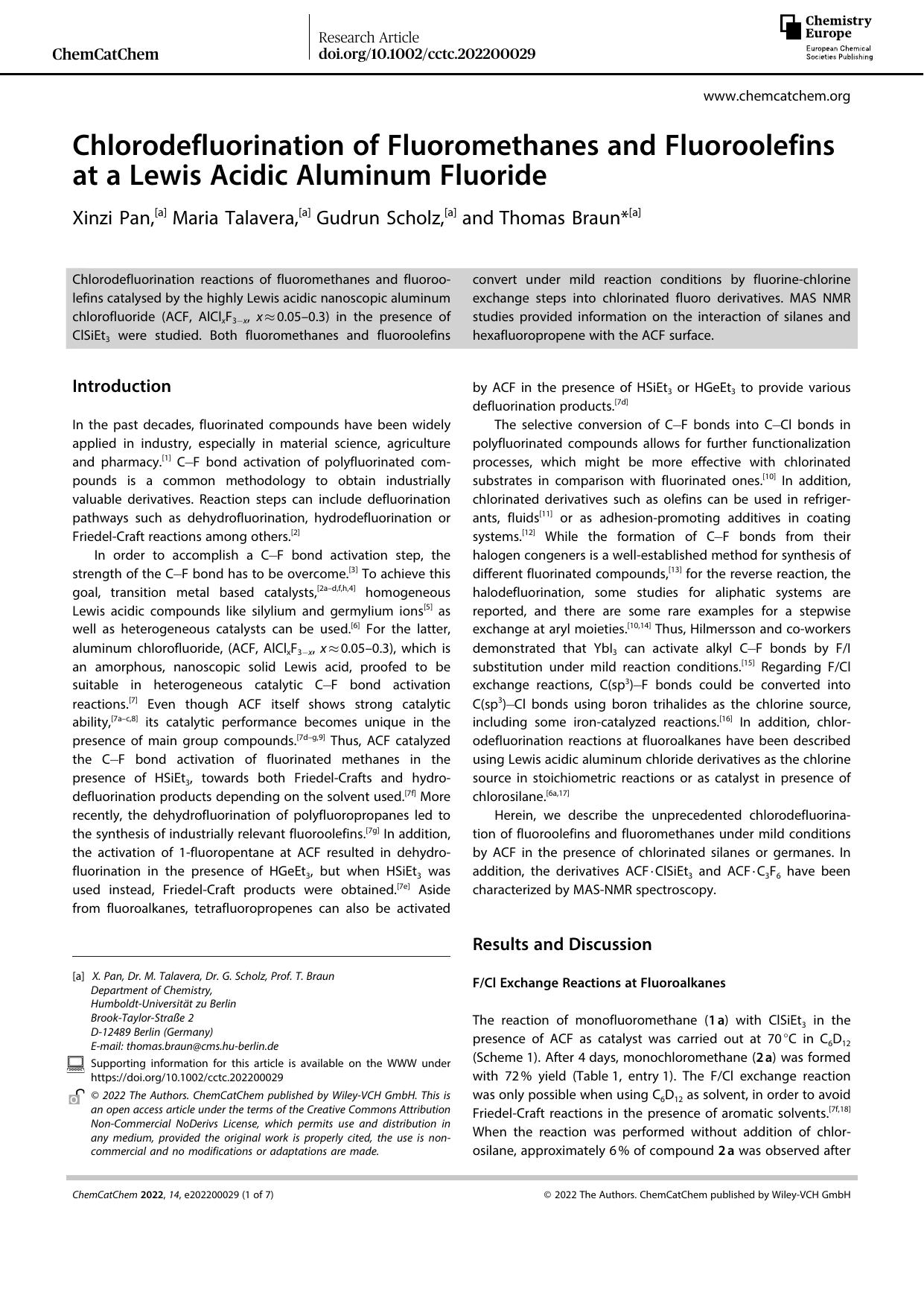 Chlorodefluorination of Fluoromethanes and Fluoroolefins at a Lewis Acidic Aluminum Fluoride by Unknown