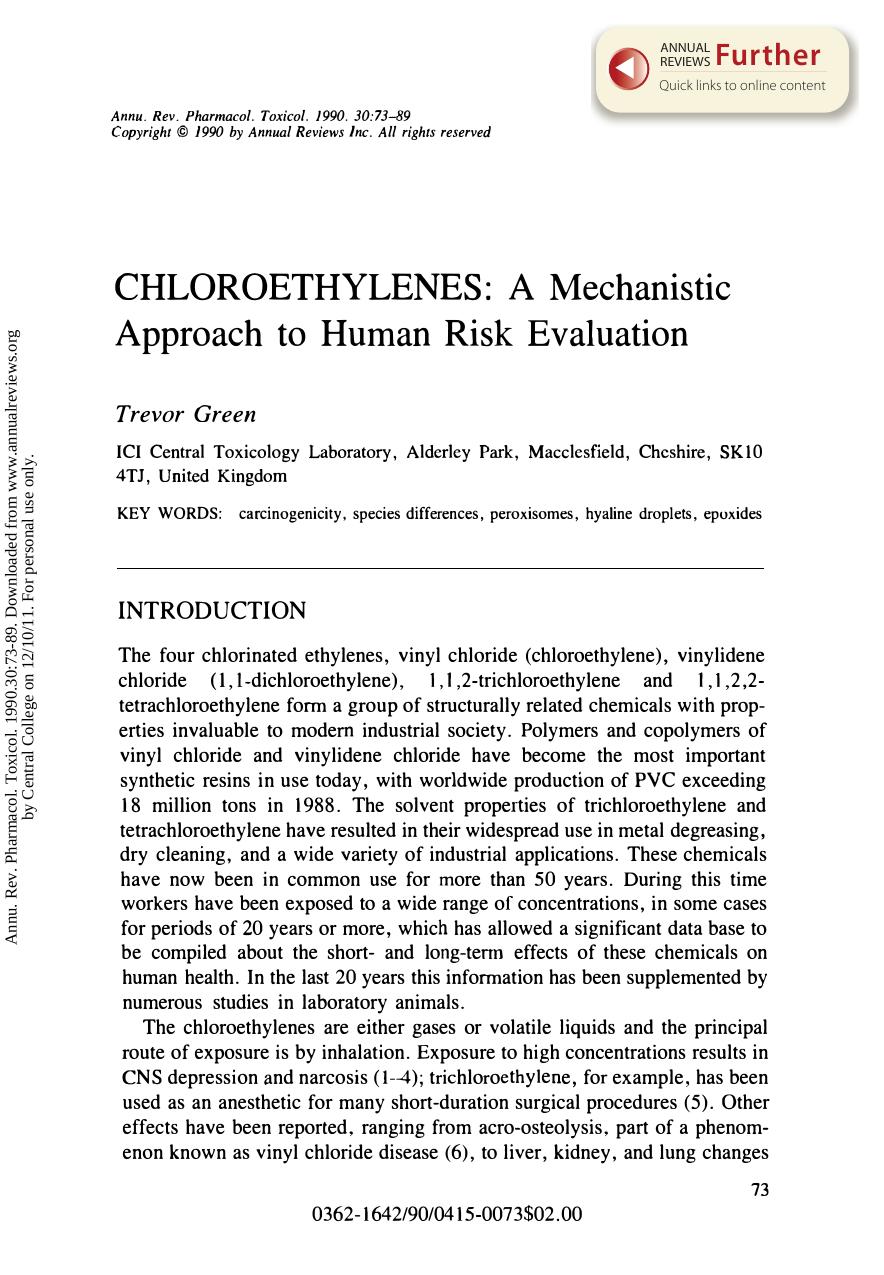 Chloroethylenes: A Mechanistic Approach to Human Risk Evaluation by T Green