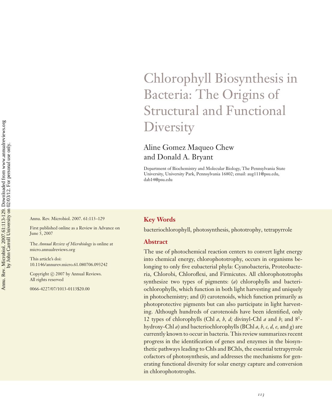 Chlorophyll Biosynthesis in Bacteria: The Origins of Structural and Functional Diversity by Aline Gomez Maqueo Chew Donald A. Bryant
