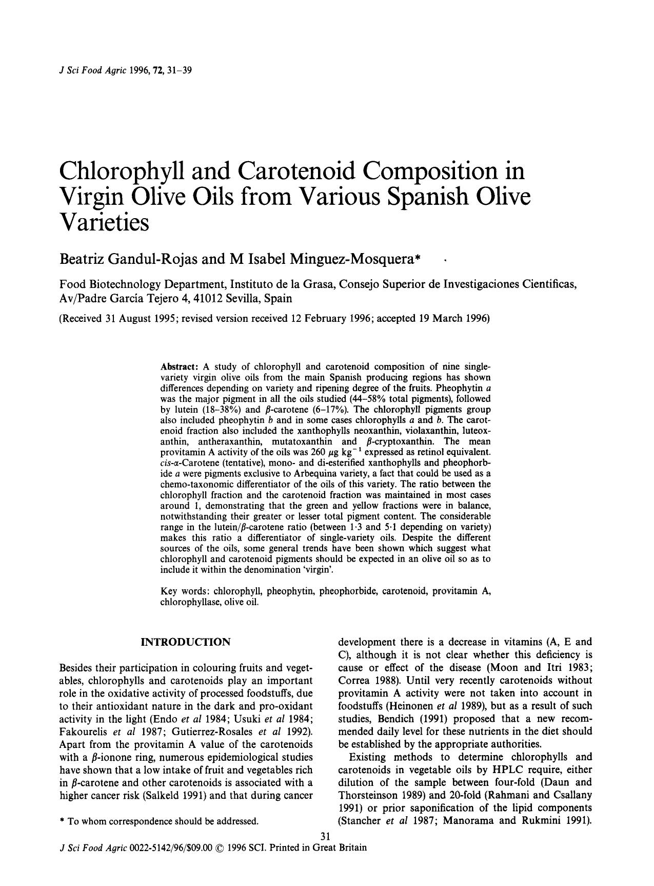 Chlorophyll and Carotenoid Composition in Virgin Olive Oils from Various Spanish Olive Varieties by Unknown