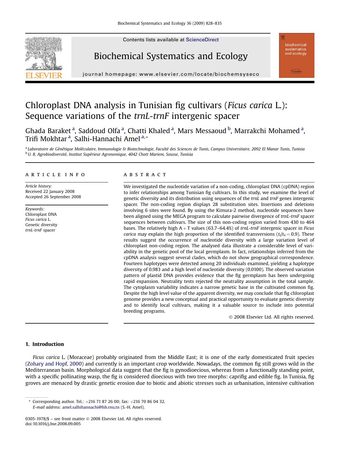 Chloroplast DNA analysis in Tunisian fig cultivars (Ficus carica L.): Sequence variations of the trnL-trnF intergenic spacer by unknow