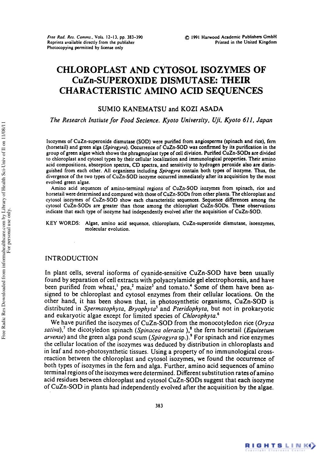 Chloroplast and Cytosol Isozymes of Cu, Zn-Superoxide Dismutase: Their Characteristic Amino Acid Sequences by Sumio Kanematsu1 & Kozi Asada1