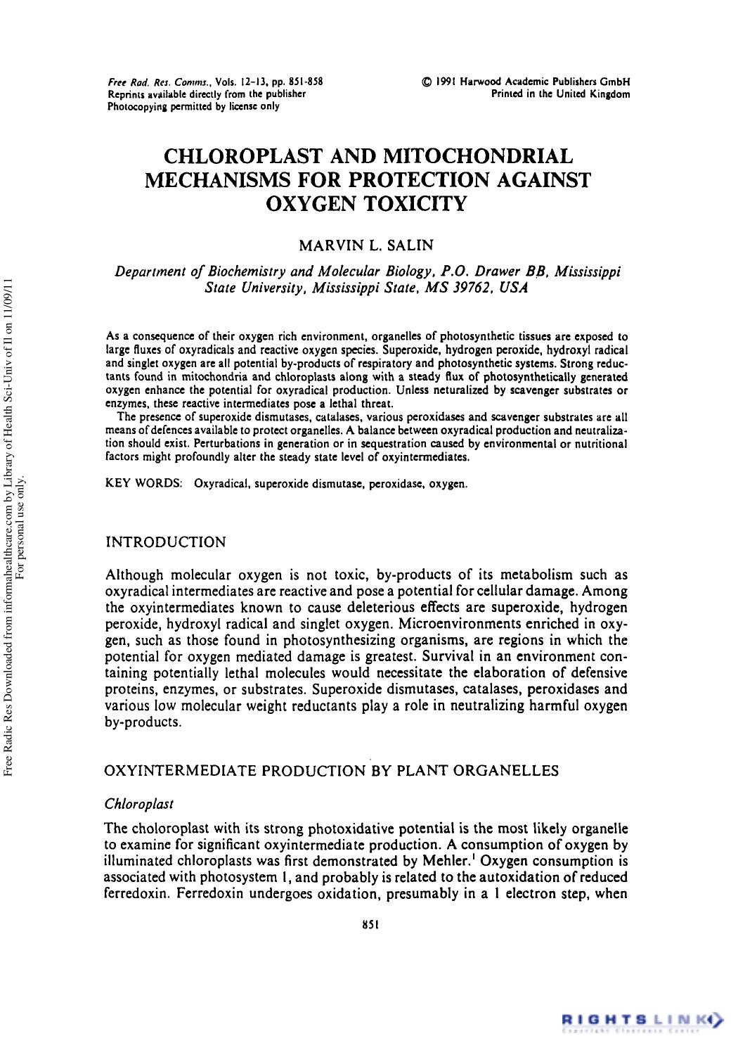 Chloroplast and Mitochondrial Mechanisms for Protection Against Oxygen Toxicity by Marvin L. Salin