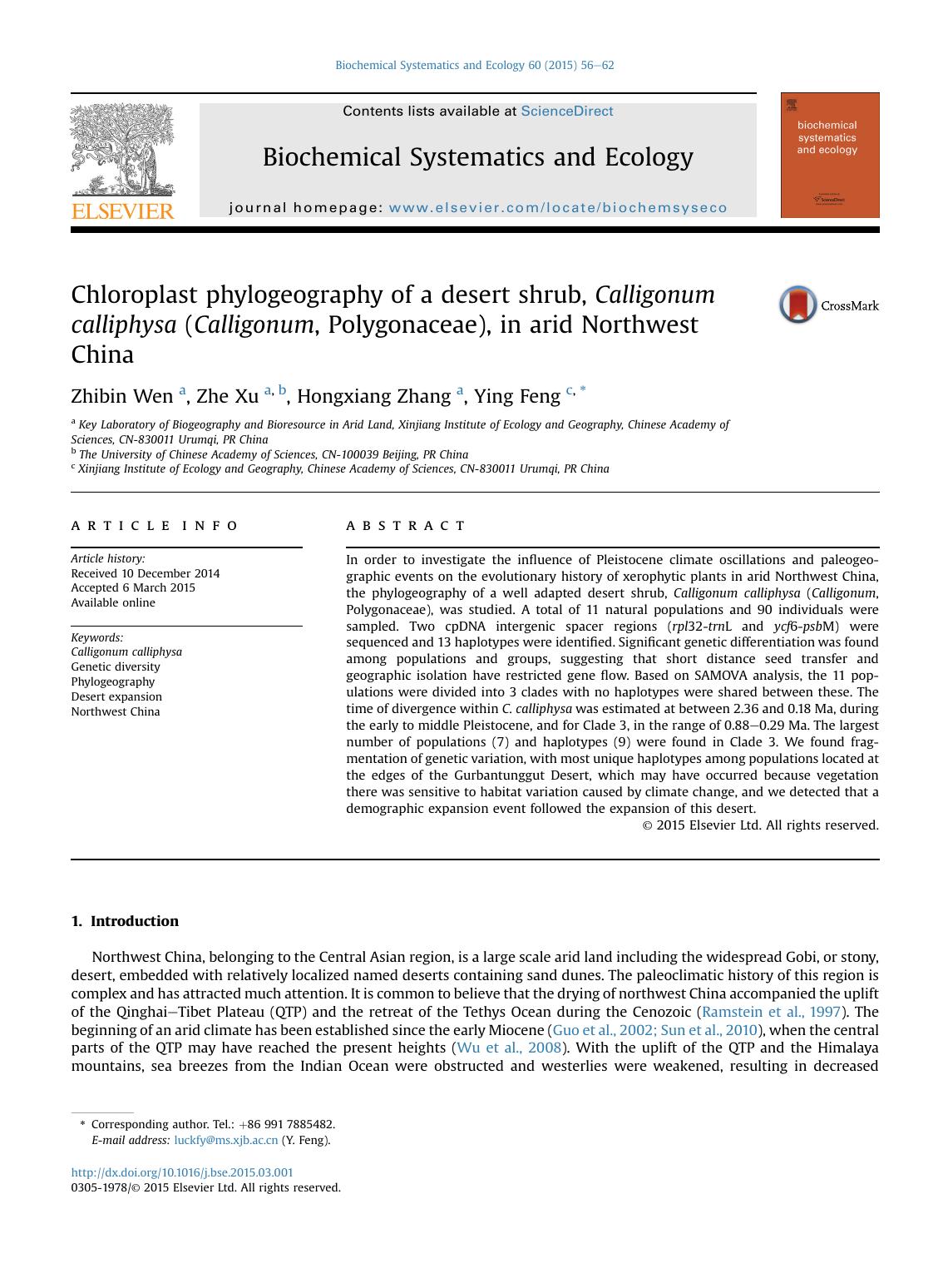 Chloroplast phylogeography of a desert shrub, Calligonum calliphysa (Calligonum, Polygonaceae), in arid Northwest China by Zhibin Wen & Zhe Xu & Hongxiang Zhang & Ying Feng