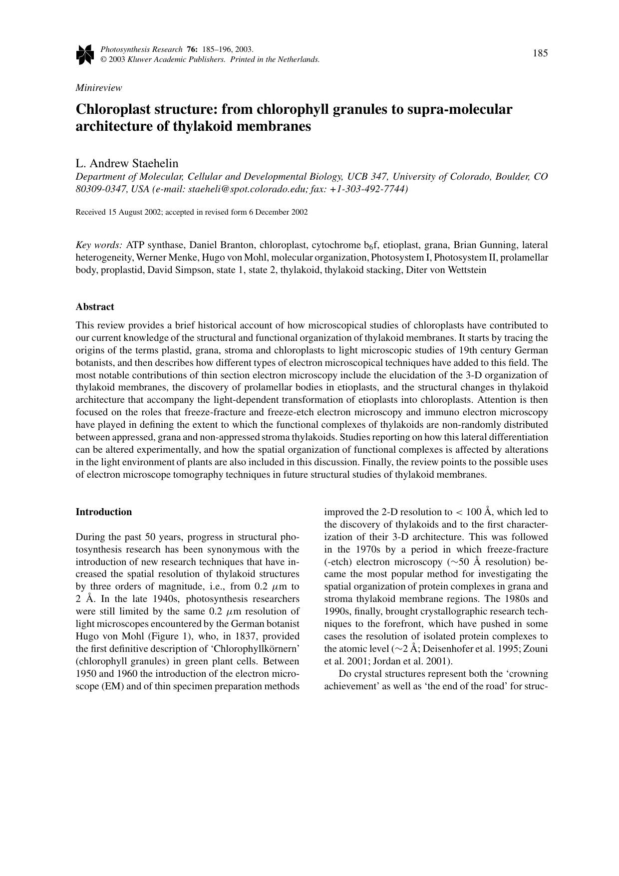 Chloroplast structure: from chlorophyll granules to supra-molecular architecture of thylakoid membranes by Unknown