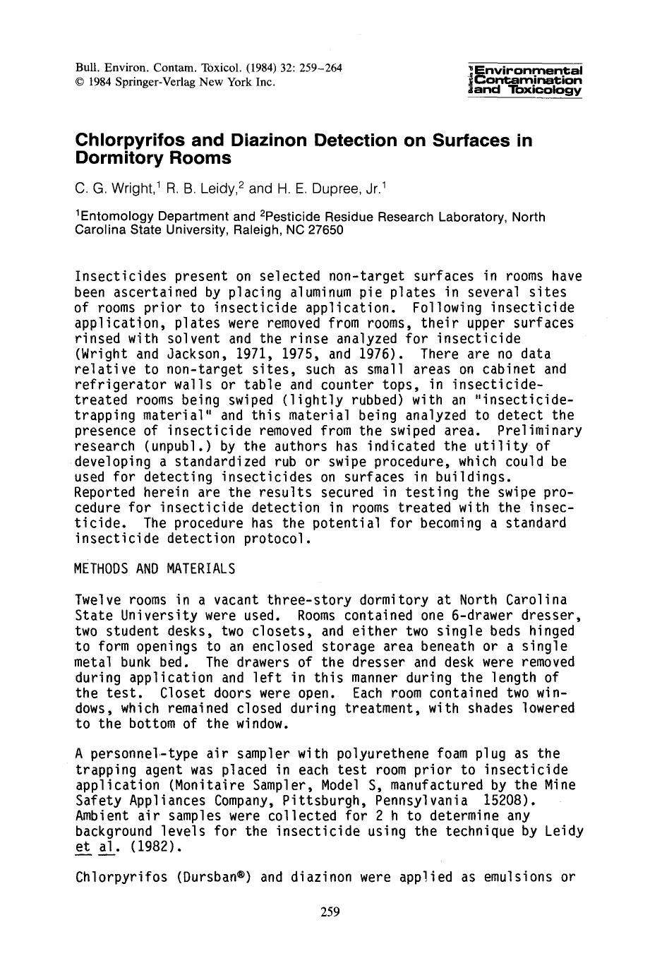 Chlorpyrifos and diazinon detection on surfaces in dormitory rooms by Unknown