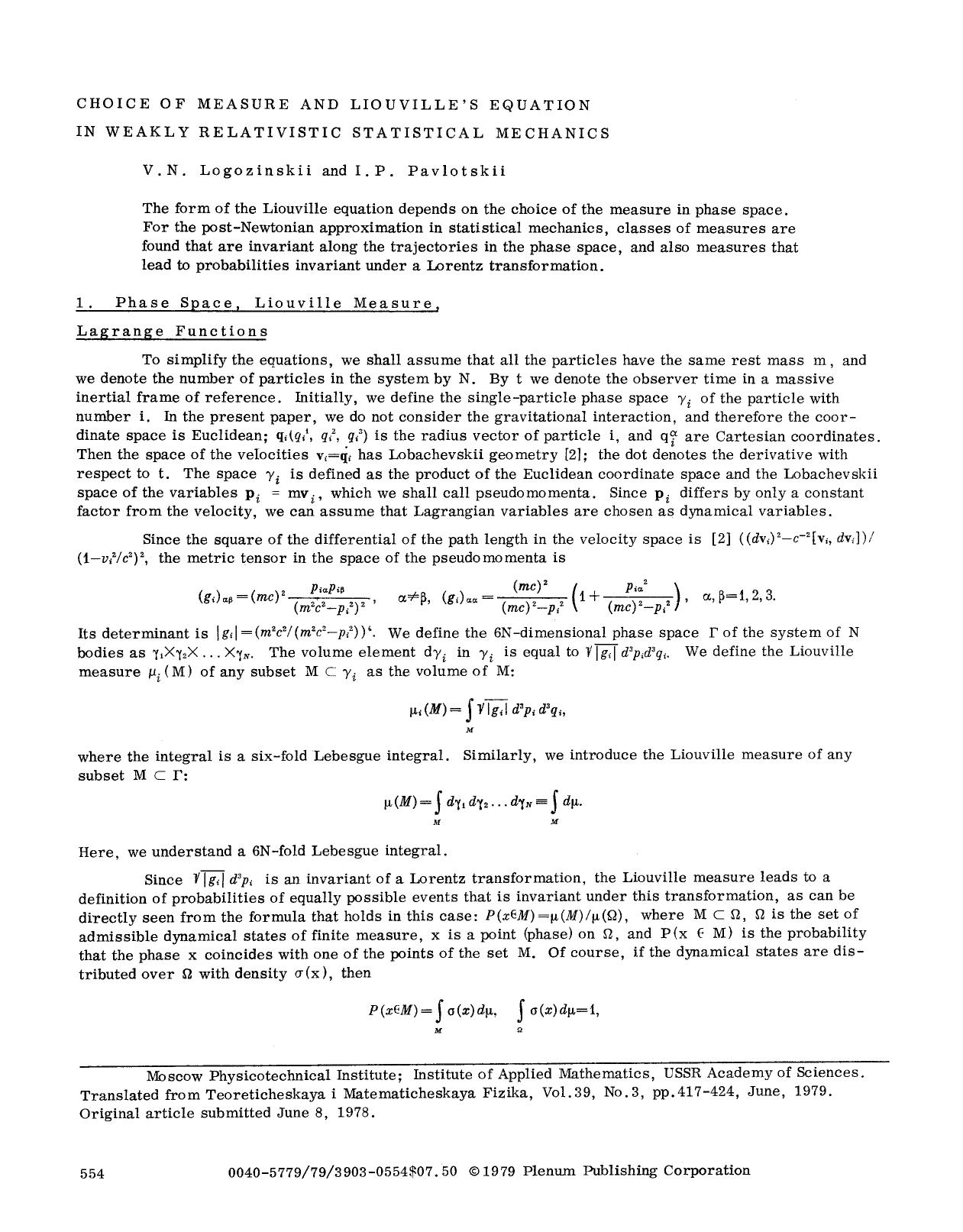 Choice of measure and Liouville's equation in weakly relativistic statistical mechanics by Unknown