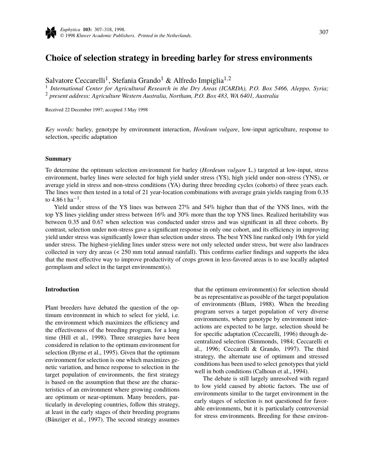 Choice of selection strategy in breeding barley for stress environments by Unknown