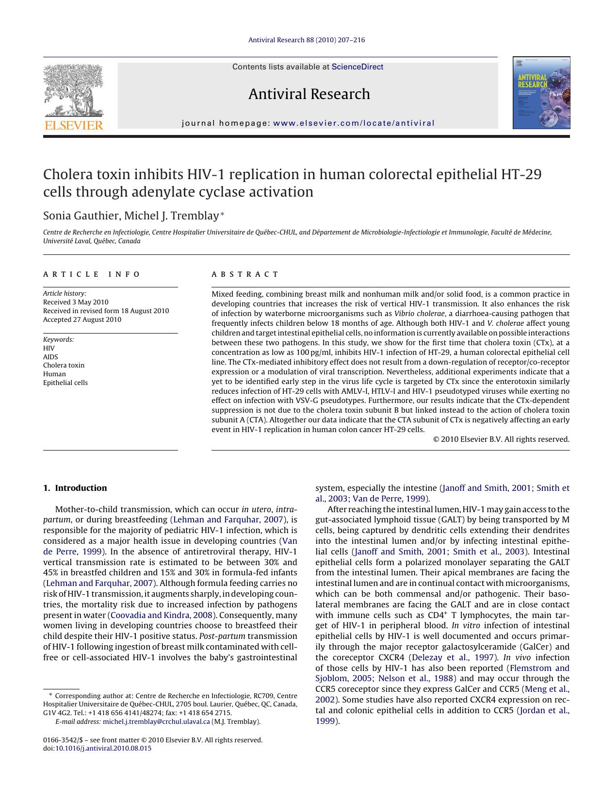 Cholera toxin inhibits HIV-1 replication in human colorectal epithelial HT-29 cells through adenylate cyclase activation by Sonia Gauthier