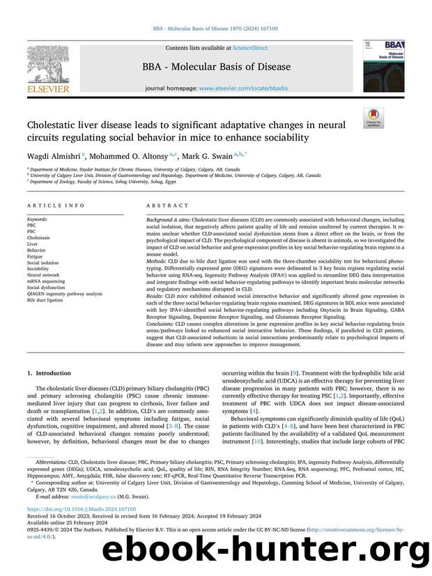 Cholestatic liver disease leads to significant adaptative changes in neural circuits regulating social behavior in mice to enhance sociability by Wagdi Almishri & Mohammed O. Altonsy & Mark G. Swain