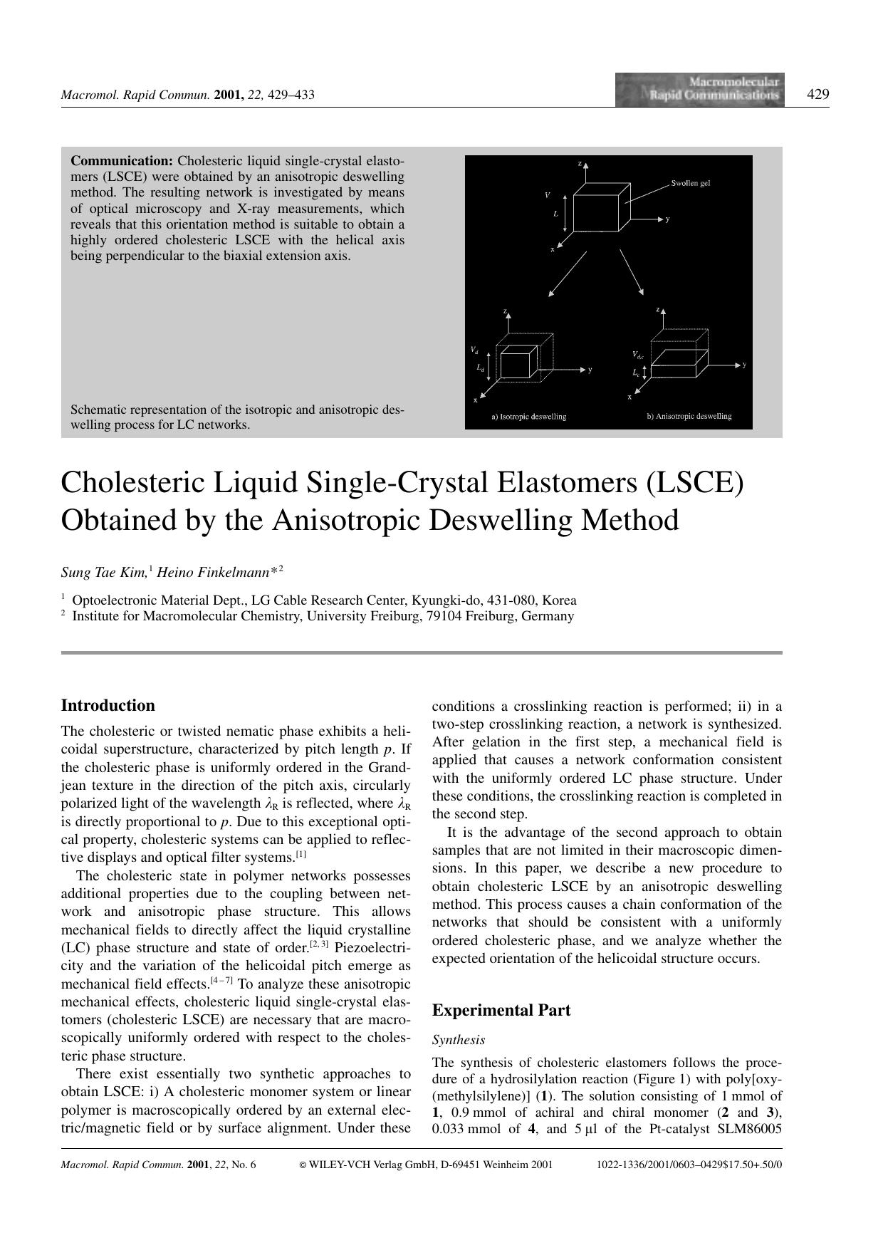 Cholesteric Liquid Single-Crystal Elastomers (LSCE) Obtained by the Anisotropic Deswelling Method by Unknown