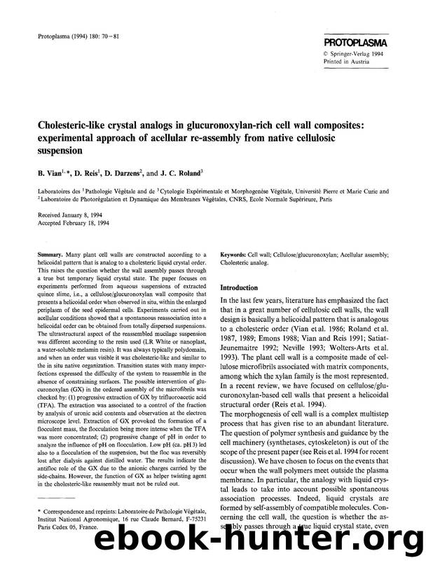 Cholesteric-like crystal analogs in glucuronoxylan-rich cell wall composites: Experimental approach of acellular re-assembly from native cellulosic suspension by Unknown