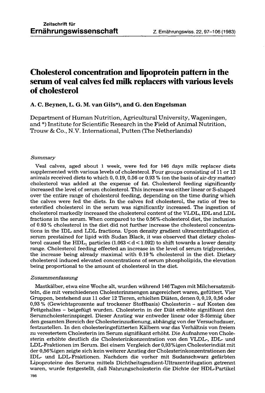 Cholesterol concentration and lipoprotein pattern in the serum of veal calves fed milk replacers with various levels of cholesterol by Unknown