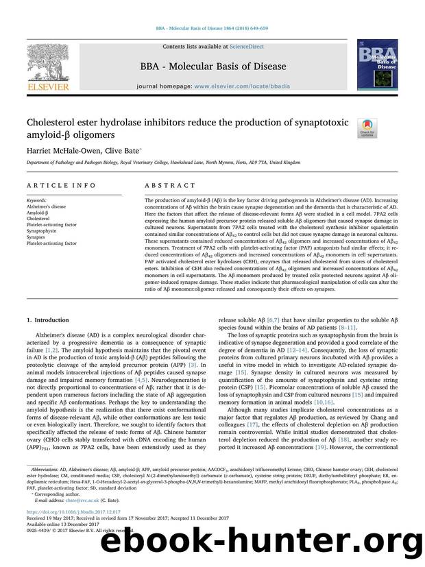 Cholesterol ester hydrolase inhibitors reduce the production of synaptotoxic amyloid-Î² oligomers by Harriet McHale-Owen & Clive Bate