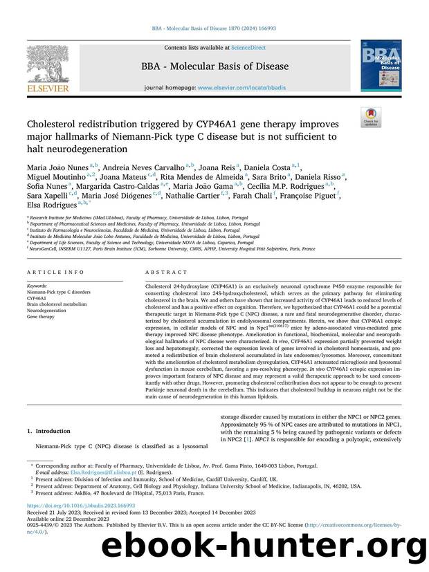 Cholesterol redistribution triggered by CYP46A1 gene therapy improves major hallmarks of Niemann-Pick type C disease but is not sufficient to halt neurodegeneration by unknow