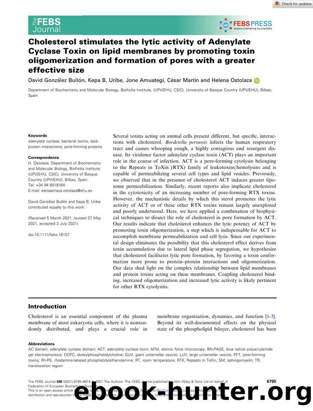 Cholesterol stimulates the lytic activity of Adenylate Cyclase Toxin on lipid membranes by promoting toxin oligomerization and formation of pores with a greater effective size by Unknown