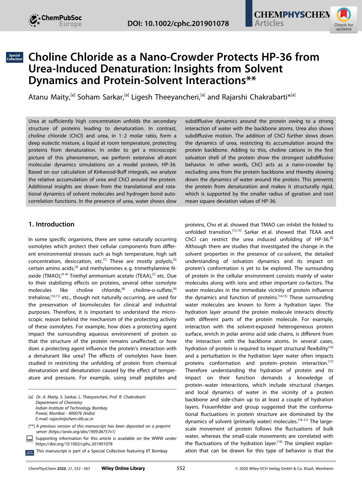 Choline Chloride as a NanoâCrowder Protects HPâ36 from UreaâInduced Denaturation: Insights from Solvent Dynamics and ProteinâSolvent Interactions by Unknown