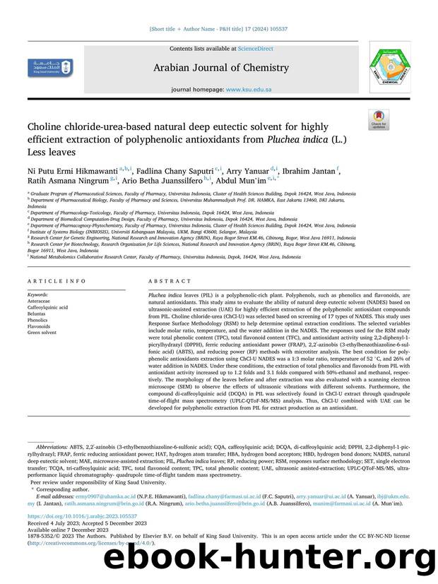 Choline chloride-urea-based natural deep eutectic solvent for highly efficient extraction of polyphenolic antioxidants from Pluchea indica (L.) Less leaves by unknow