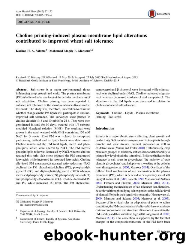 Choline priming-induced plasma membrane lipid alterations contributed to improved wheat salt tolerance by Karima H. A. Salama & Mohamed Magdy F. Mansour