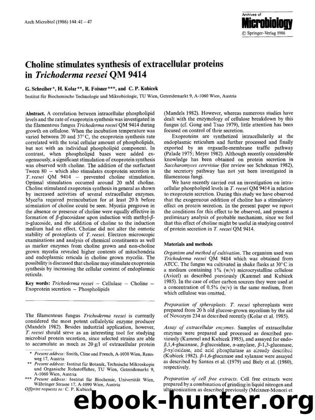 Choline stimulates synthesis of extracellular proteins in <Emphasis Type="Italic">Trichoderma reesei<Emphasis> QM 9414 by Unknown