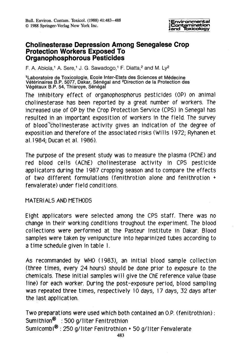 Cholinesterase depression among senegalese crop protection workers exposed to organophosphorous pesticides by Unknown