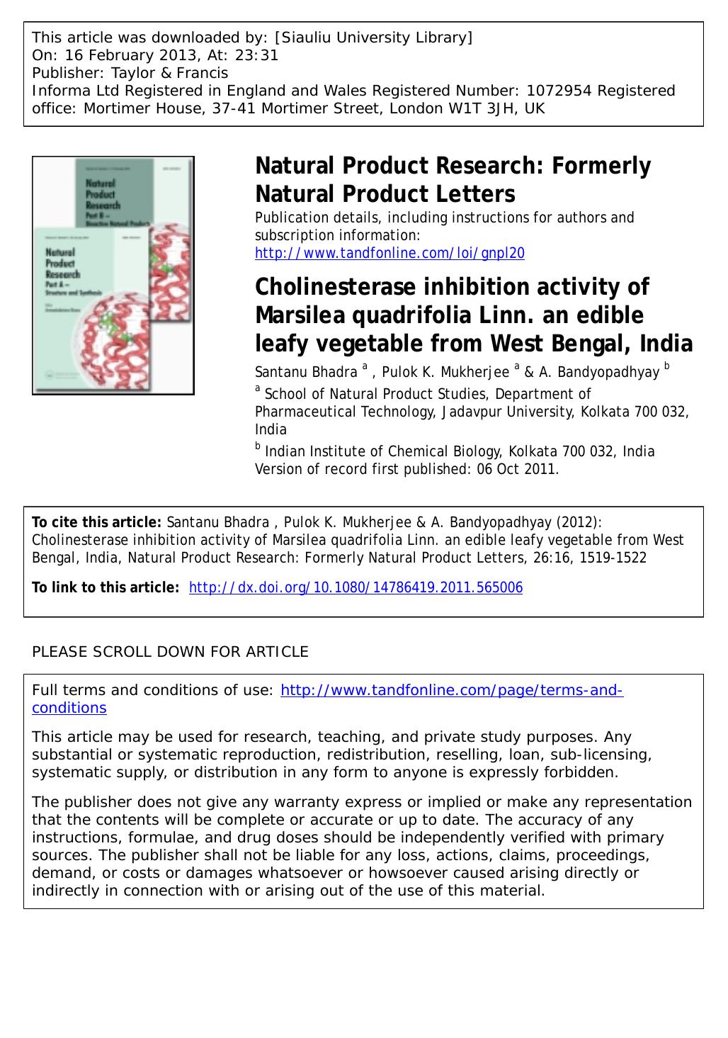 Cholinesterase inhibition activity of Marsilea quadrifolia Linn. an edible leafy vegetable from West Bengal, India by Santanu Bhadra Pulok K. Mukherjee & A. Bandyopadhyay