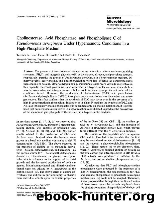Cholinesterase, acid phosphatase, and phospholipase C of <Emphasis Type="Italic">Pseudomonas aeruginosa <Emphasis> under hyperosmotic conditions in a high-phosphate medium by Unknown