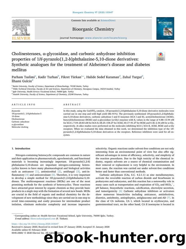 Cholinesterases, Î±-glycosidase, and carbonic anhydrase inhibition properties of 1H-pyrazolo[1,2-b]phthalazine-5,10-dione derivatives_ Synthetic analogues for the treatment of Alzh by Parham Taslimi