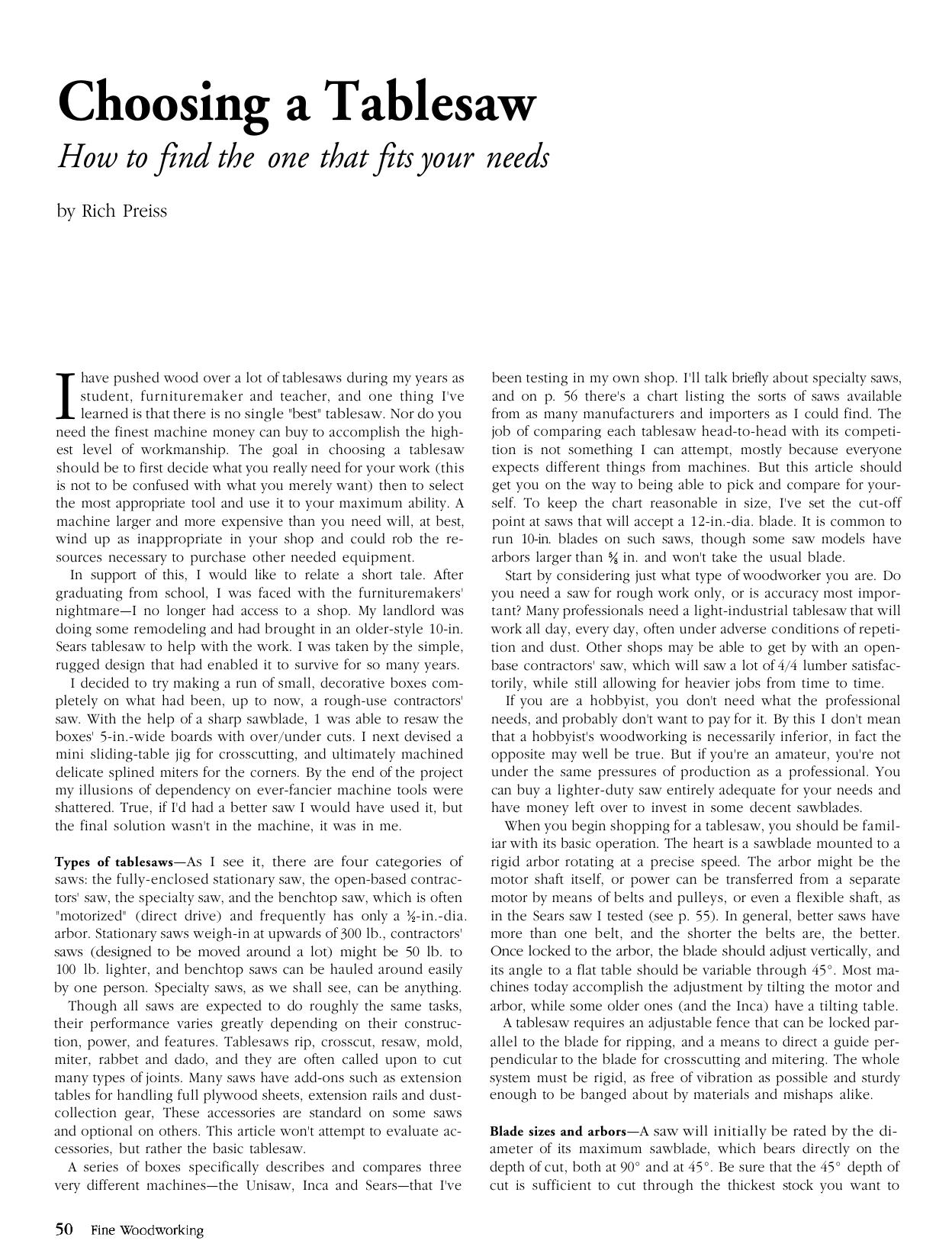 Choosing a Tablesaw by Rich Preiss