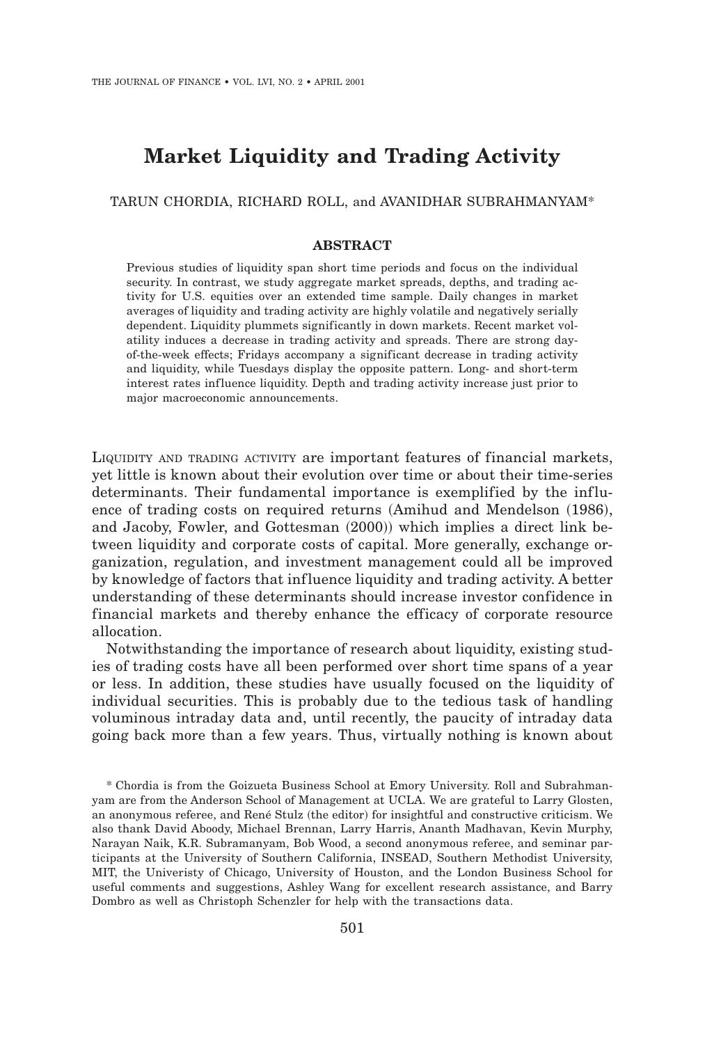 Chordia, Roll And Subrahmanyam -Market Liquidity And Trading Activity by Unknown