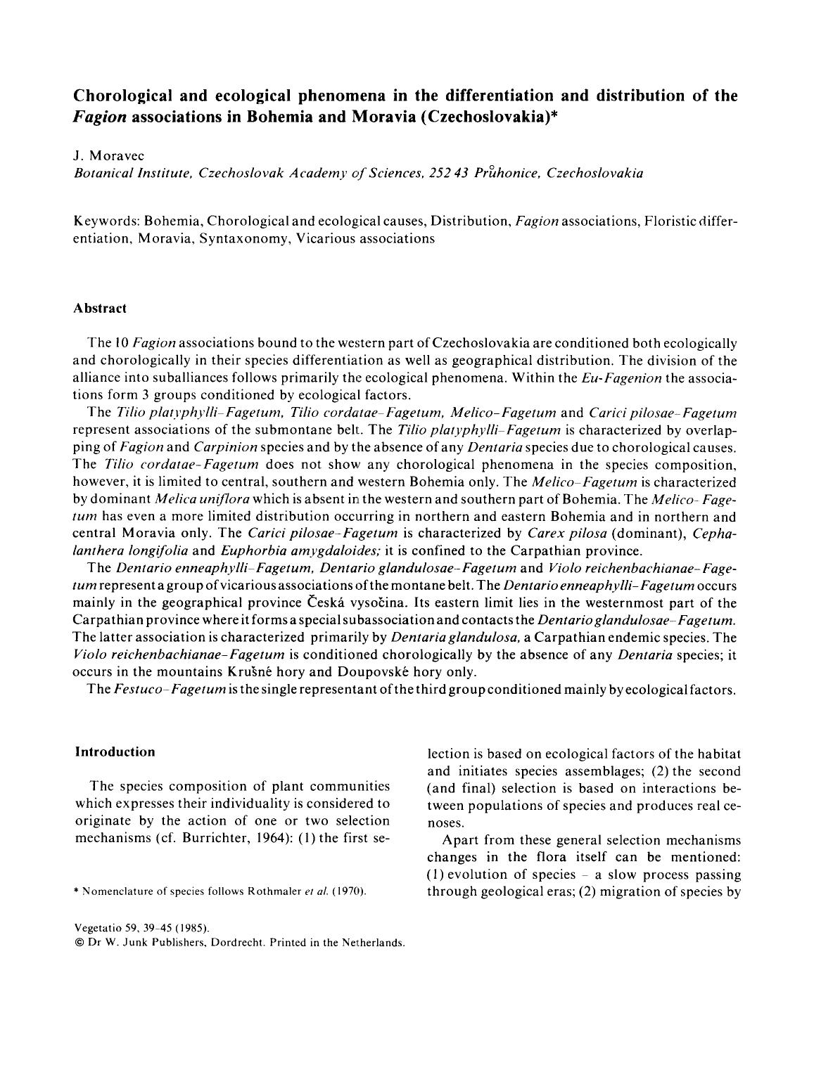 Chorological and ecological phenomena in the differentiation and distribution of the <Emphasis Type="Italic">Fagion <Emphasis> associations in Bohemia and Moravia (Czechoslovakia) by Unknown