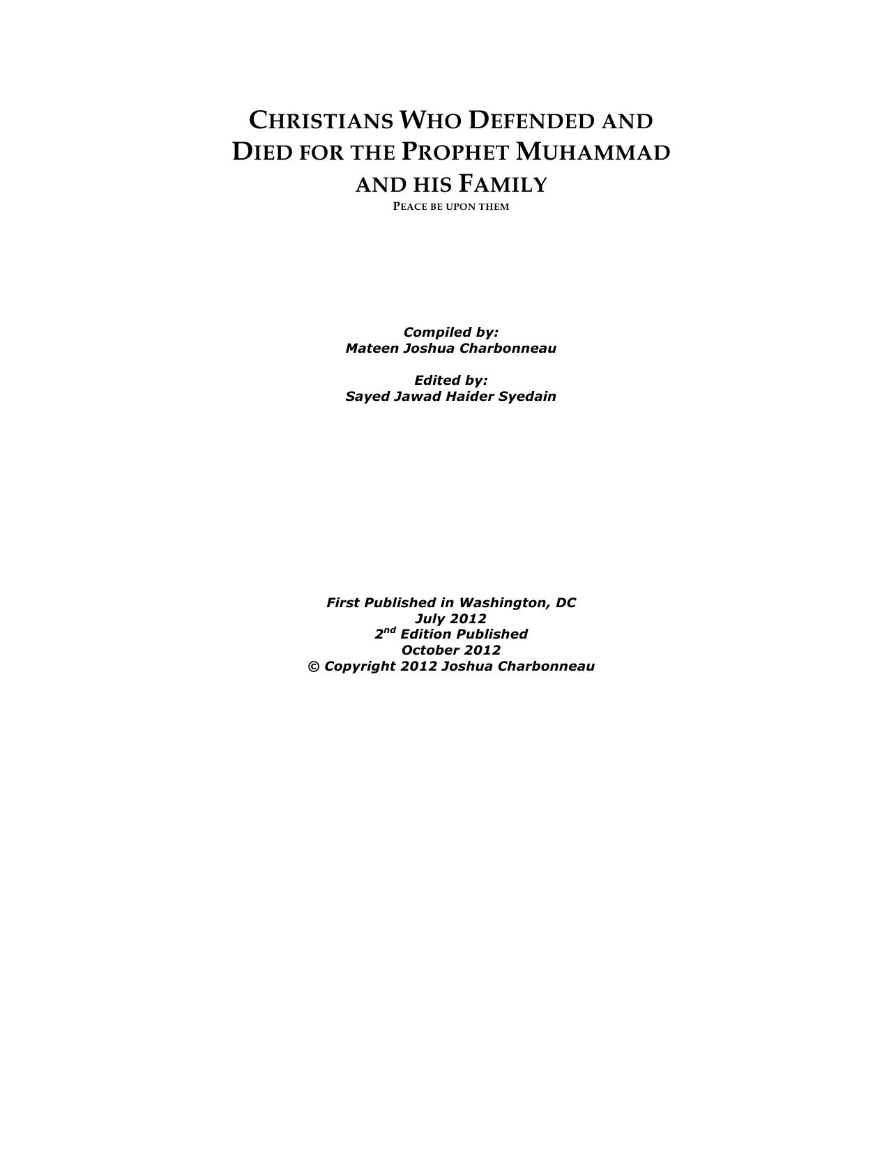 Christians Who Defended and Died for the Prophet Muhammad and his Family by Charbonneau M.J