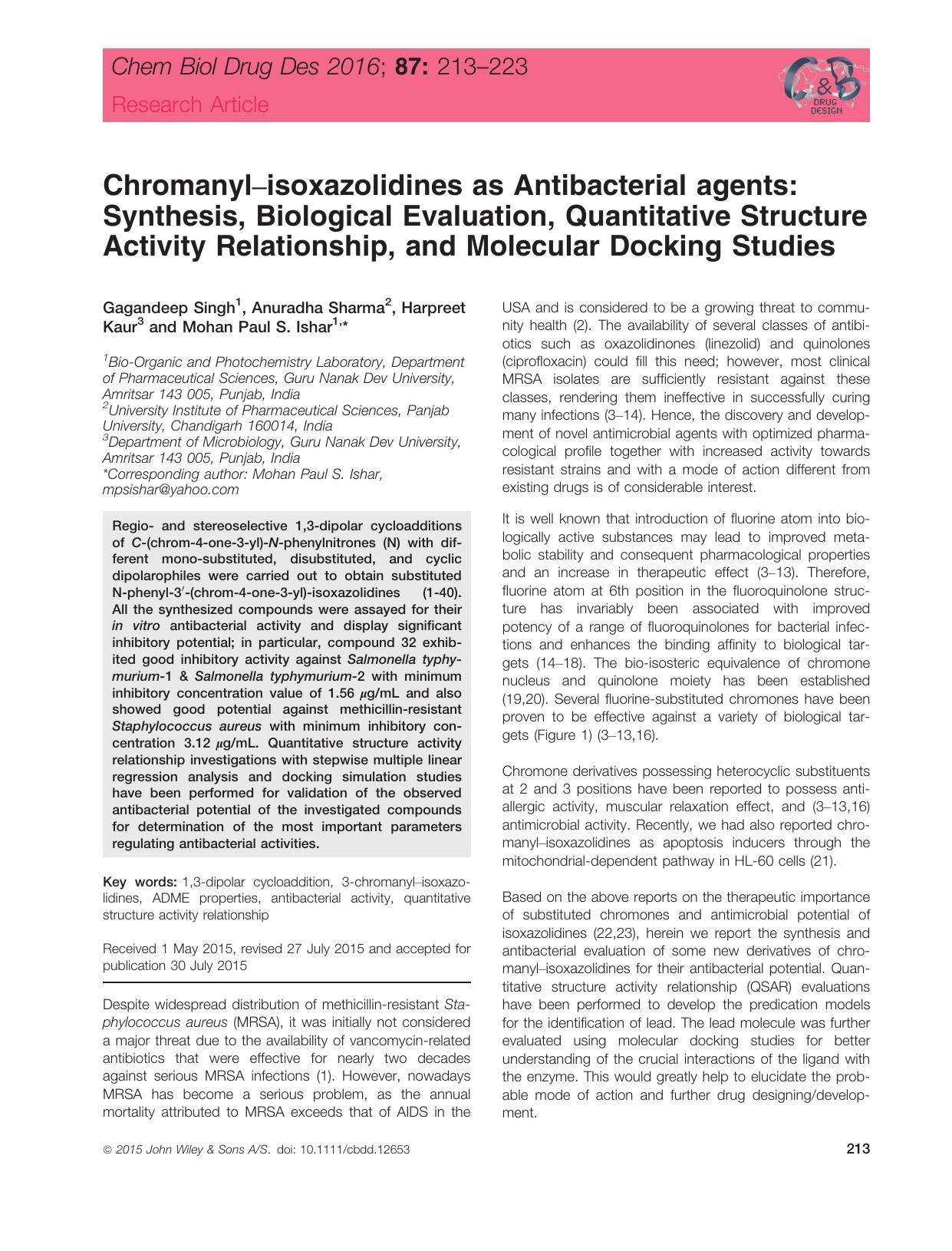 Chromanyl–isoxazolidines as Antibacterial agents: Synthesis, Biological Evaluation, Quantitative Structure Activity Relationship, and Molecular Docking Studies by unknow