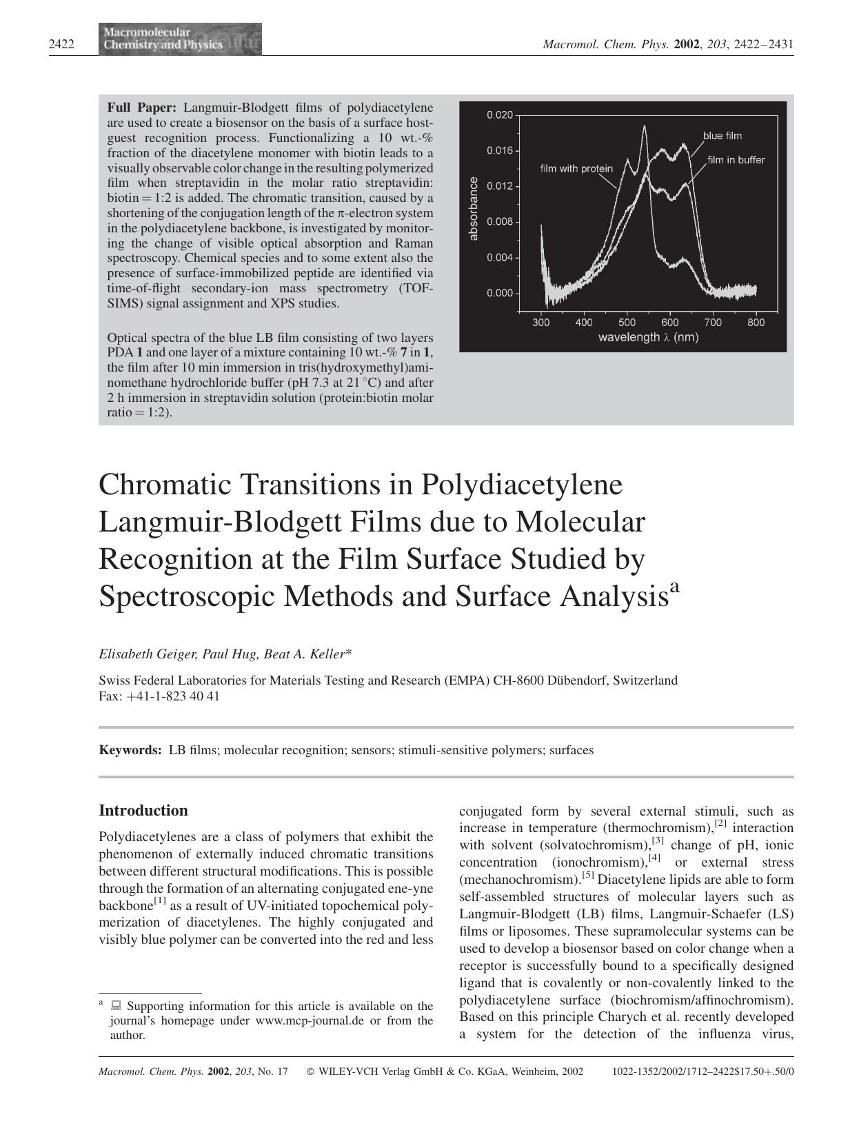 Chromatic Transitions in Polydiacetylene Langmuir-Blodgett Films due to Molecular Recognition at the Film Surface Studied by Spectroscopic Methods and Surface Analysis by Unknown